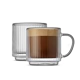 JoyJolt Haven Stackable Fluted Glass Mugs Set of 2, 5.5oz Ribbed Double Wall Glass Coffee Mugs, Stacking Insulated Coffee Cup Set also for Espresso Shot Tea Latte Macchiato Cappuccino