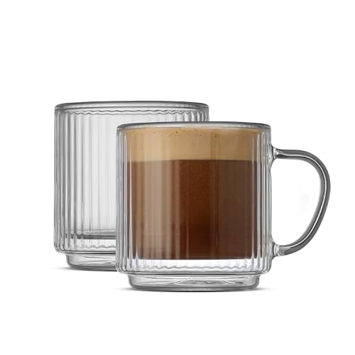 JoyJolt Haven Stackable Fluted Glass Mugs Set of 2, 5.5oz Ribbed Double Wall Glass Coffee Mugs, Stacking Insulated Coffee Cup Set also for Espresso Shot Tea Latte Macchiato Cappuccino