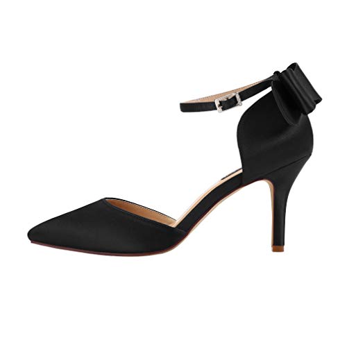 Image of ERIJUNOR Wedding Evening Party Shoes Comfortable Mid Heels Pumps with Bow Knot Ankle Strap Wide Width Satin Shoes