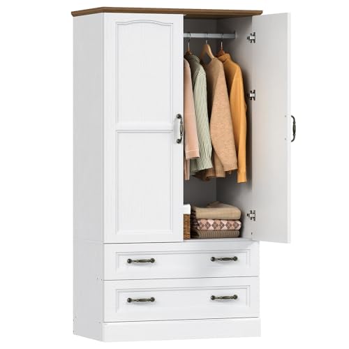 HOOBRO Armoire Wardrobe Closet with 2 Doors and 2 Drawers, 70.9" Tall Bedroom Armoire with Hanging Rod, Farmhouse Wardrobe Closet for Bedroom, Freestanding Clothing Storage Cabinet, White and Walnut