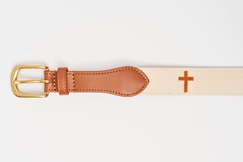 Palmetto Golf & Belts, Cross Embroidered golf belt, Beige backdrop with Brown Cross2