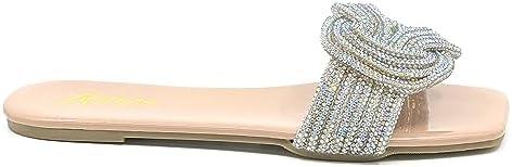 Women Rhinestone Slide Sandals Women's Flat Sandals Lisa 8 Nude 10 | Image 2