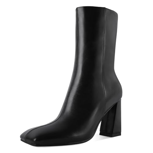 Eldof Ankle Boots Women Chunky Heel Square Toe High Heeled Gogo Short Booties Side Zipper 3 Inches