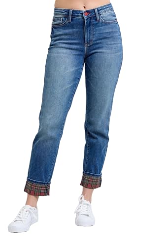 Judy Blue Women's Plaid Print Cuff Straight Leg Jeans with Pockets