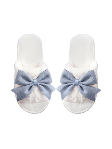 OYOANGLE Women's Cute Bow Decor Fuzzy Open Toe Indoor Home Slippers Fashionable Warm Comfy Furry Outdoor Slippers