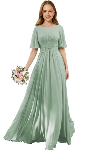 Flutter Sleeves Junior Bridesmaid Dress Scoop Neck Chiffon Flower Girl Dresses with Ruffles A Line Wedding Party Gown
