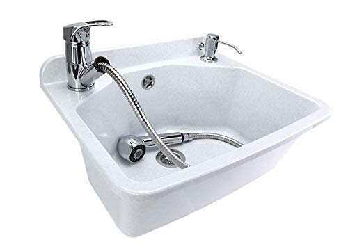 Gospo Évier d'évier avec robinet, distributeur de savon, siphon, 46 x 37 x 20 cm, lavabo en plastique, bac à laver pour jardin, garage, cave, atelier, évier avec accessoires, blanc Cover