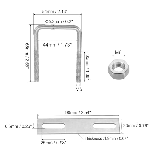 Image of PATIKIL M6x42x65mm Square U-Bolts Kit, 2Set 304 Stainless Steel Square U Shaped Bolts Replacement Parts with Frame Plates and Nuts for Ski Board Sailboat Trailer