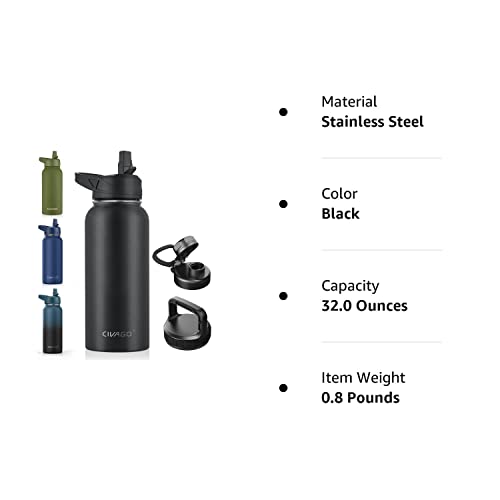 Civago 32 Oz Insulated Water Bottle With Straw, Stainless Steel Sports Water Cup Flask With 3 Lids (Straw, Spout And Handle Lid), Wide Mouth Travel Thermo Mug, Midnight Black #TOP6