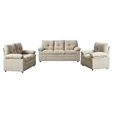 3-Piece Living Room Sofa Set with Sofa, Loveseat and Chair, Modern Linen Fabric, Comfortable Backrest Thick Cushions, Light Camel