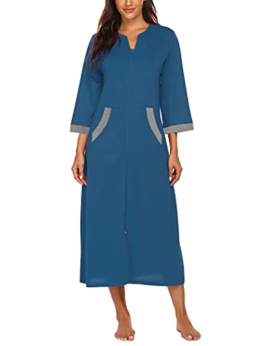 Image of Ekouaer Women Zipper Robe 3 /4 Sleeves Loungewear Dress Full Length Sleepwear Pockets Housecoat Nightgown Long Bathrobe