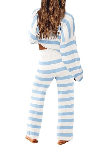 Image of LAMISSCHE Oversized Womens Lounge Set Striped Sweater Set Long Sleeve 2 Piece Pajama Set Top and Pants with Pockets