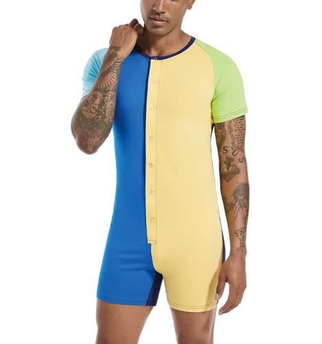 Mens Short Sleeve Henley Jumpsuit One Piece Pajamas Rompers2