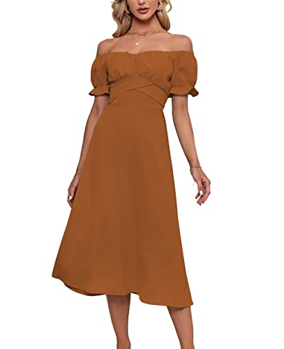 Image of LYANER Women's Off Shoulder Wrap Ruffle Puff Short Sleeve Ruched Tie Back Dress