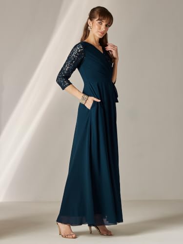Image of Miss Chase Women's V-Neck Full Sleeve Self Design Lace-Overlaid Georgette Maxi Dress
