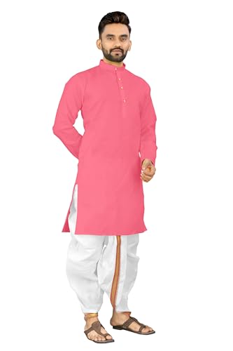 Image of UNIQUE MOMENTS Men's Cotton Dhoti Kurta Set with Full Sleeves Solid Pattern Modern Style and Mandarin Collar Neck | Perfect for Puja & Celebrations