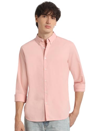 Image of The Bear House Men's Pink Solid Slim Fit Cotton Casual Shirt
