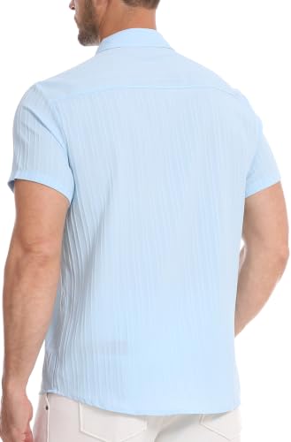 Zyvrenix Mens Casual Short Sleeve Button Down Textured Shirts Light Blue M - image 5