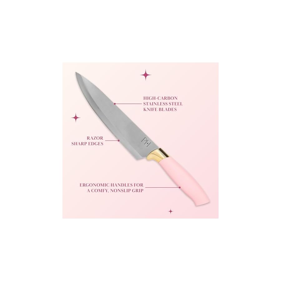 Paris Hilton 12-Piece Knife Set with Block, High-Carbon Stainless Steel Cutlery, Precision Blades and Ergonomic Handles, Pink