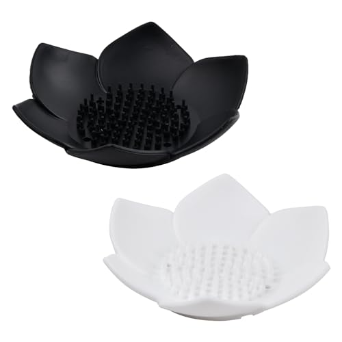 Wisebom 2 Stück Seifenschalenn Silikon, Seifenablage mit Ablauf, Seifenhalter Dusche, Seifenschale in Blumenform, Seifendose für Badezimmer, Küche, Zähler(Schwarz+Weiß)