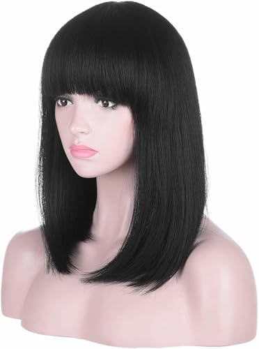 PORSMEER Long Hair Black Wig with Fringe for Women Black Cleopatra Wig Egyptian Queen Wig Natural Straight Bob Synthetic Hair 16 Inches,Halloween Movie Costume Wig - Image 4