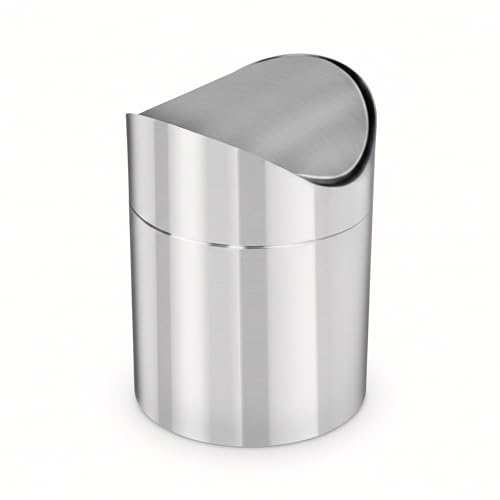 GEEZY 1.5L Mini Stainless Steel Swing Bin - Small Silver Table Top Recycling Bin with Lid - Desktop Trash Can for Kitchen Rubbish & Food Waste, Tea Bags, Office Paper, Vanity Makeup & Coffee Grounds
