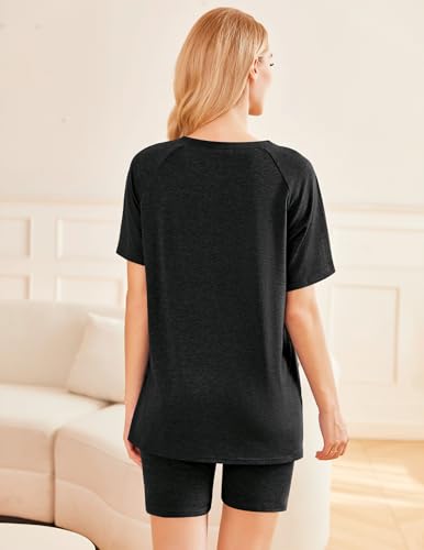 Image of Ekouaer Two Piece Sets for Women Summer Outfits 2026 Lounge Set Crew Neck Tshirts Biker Short Sweatsuit with Pocket