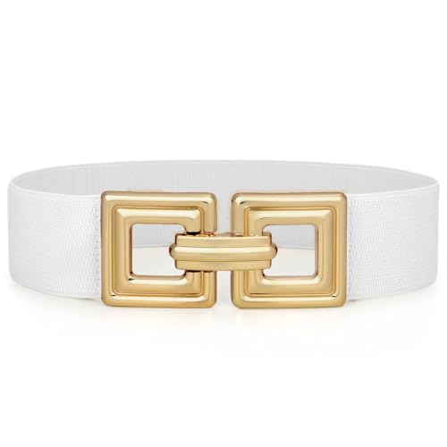 SUOSDEY Women Wide Elastic Waist Belt Fashion Hollow Out Square Gold Buckle Stretchy Belt Waistband for Ladies, Black, S