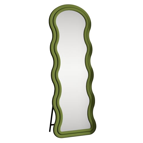 Brigros - Specchio Da Parete O Da Terra 165x55x4,5 Cm In Vetro Float Con Cornice In Velluto Imbottita In Spugna, Specchio Da Terra Grande Moderno Per Camera Da Letto O Ingresso (Verde, Wavy)