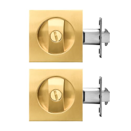 Pocket Door Lock,Privacy Door Hardware Suitable for Bathroom Bedroom etc Recessed 2 Sided, 2 3/8" Backset, Invisible Hardware for 1 3/8” to 2 3/16” Thickness Door (Gold-2Pack, Privacy Lock)
