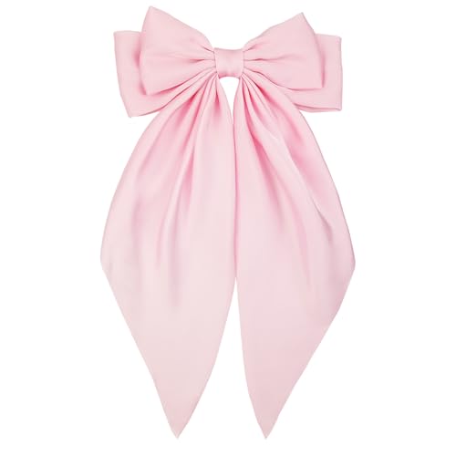 JGQUR Large Pink Satin Hair Bow Clip for Women Girls Oversized Long Tail Hair Accessory for Party Outfits Gift for Girls 1-Pack
