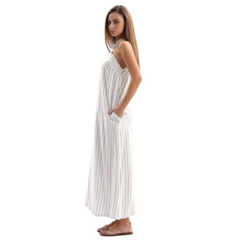 Image of Amazhiyu Women's Linen Striped Halter Sleeveless Maxi Dresses Summer with Pockets