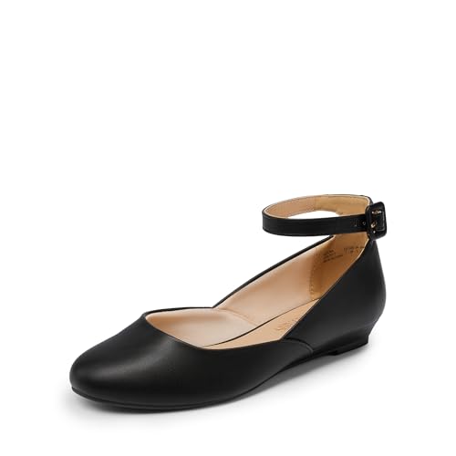 DREAM PAIRS Women's Dress Flats Ballet Low Wedge Round Toe Ankle Strap Comfortable Casual Flats Shoes, Revona，Black/PU-1,Size 9
