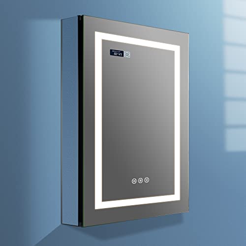 VANIRROR Recessed or Surface LED Mirror Medicine Cabinet with Lights, LED Medicine Cabinet with Clock and Temp Display/Defogger, Dimmer, Light Color Change, Outlets & USB (20x32 inch/3X Zoom Mirror)