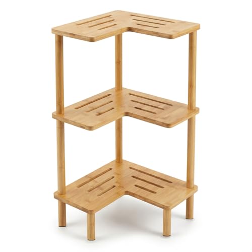 JEDULAR Bamboo Corner Shower Caddy Stand 3-Tier Standing Shower Organizer with Anti-Slip Feet Waterproof & Durable Bathroom Shower Shelf Space-Saving Design Storage for Kitchen or Living Room