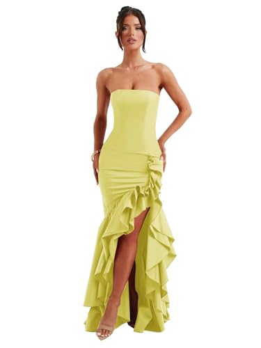 SoDigne Ruffled Long Satin Prom Dress for Women Strapless Mermaid Maxi Formal Evening Gown with Slit