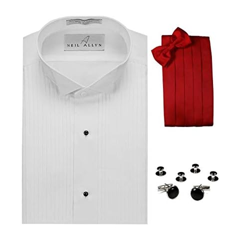 Wing Collar Tuxedo Shirt, Red Cummerbund, Bow-Tie, Cuff Links & Studs Set - White Cover
