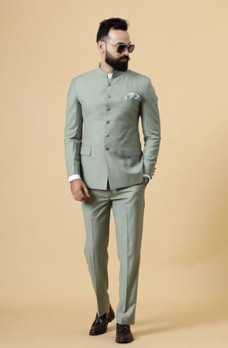 Men's Chinese Tunic Suit Mandarin Collar 2 Piece Slim Fit Traditional Uniform Groom Wedding Blazer Pant Set2