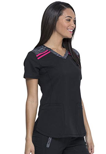 Dickies Dynamix Womens Tops, Athletic-Inspired Mélange V-Neck Scrub Top With Four-Way Stretch And Moisture Wicking Dk740, S, Black/Hot Pink #TOP6