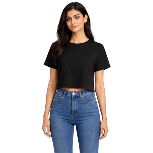 Image of Hangout Hub Women Crop Top T-Shirts | Round Neck Plain Solid Tshirts | Double Weaved | Shrink Free Tees | Casual T-Shirt for Woman Ladies Girls(Cotton|Pack of 3)
