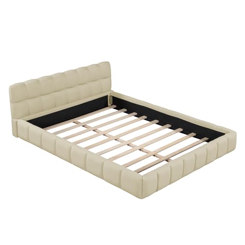 Merax Modern Beige Queen Upholstered Bed Frame with Wingback - No Box Spring Needed