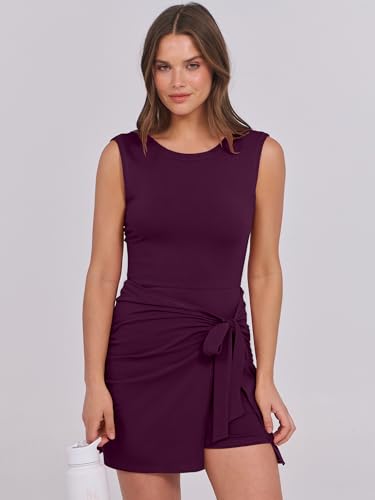 Image of Caracilia Women Summer Sleeveless Bodycon Tie Cinched Waist Romper Skort Mini Dress Built in Shorts Night Out Vacation Dress