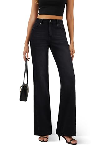 FLYING BANANA Women's Trendy High Waisted Wide Leg Jeans Stretchy Denim Pants (Black, 14)