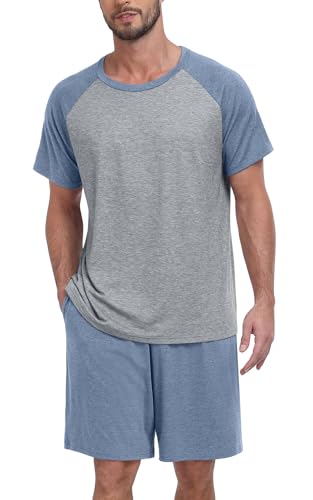 Mens Pajama Set Summer Pjs Sleepwear Lightweight Short Sleeve Pjs Soft Comfy Sleep Set With Pocket2