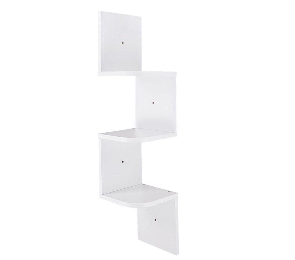 White 4 Tier Corner Shelf, Wall Mount Floating Shelves, Wall Shelves, Zig Zag Display Storage Organiser Shelving Unit, Bookcase Bookshelf for Living Room Bedroom Bathroom Home Office