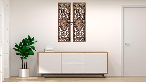 SPACE WOOD Wooden Wall Panel Hand Carved Wood Wall Art, Hanging Solid Teak Wooden Panel, Wall Sculpture Brown (24"x8" inches) (Pack of 2)