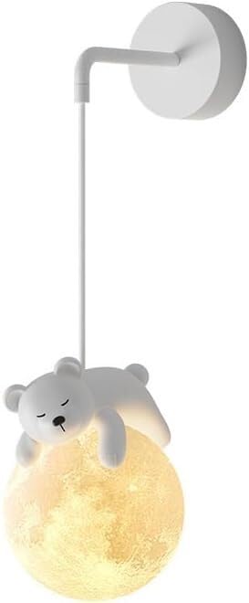 SANBDDLYY Wired Wall Light for Kids Room 3D Print Moon Ball Bedroom Wall Lamp Cute Cartoon Animals Rabbit Panda Bear Nordic White Dimmable Lamp(Bear)