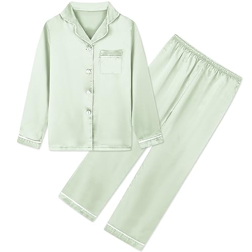 Umeyda Girls & Womens Pajamas Set, Satin Silky Sleepwear 2 Pieces Comfy Button-Down Pjs Long Sleeve + Pants Outfits for Mom