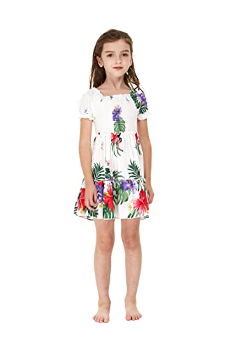 Girl Hawaiian Short Sleeve Elastic Layer Ruffle Dress in Pretty Tropical Hot Pink