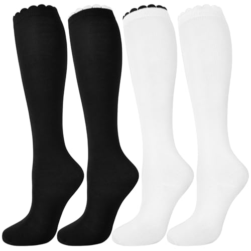 Beaulov 4 Paar Damen Kniestrümpfe Rüschen Overknee Strümpfe Atmungsaktive Baumwolle Kniehohe Socken Bequem für Alltag Freizeit Schwarz/Weiß